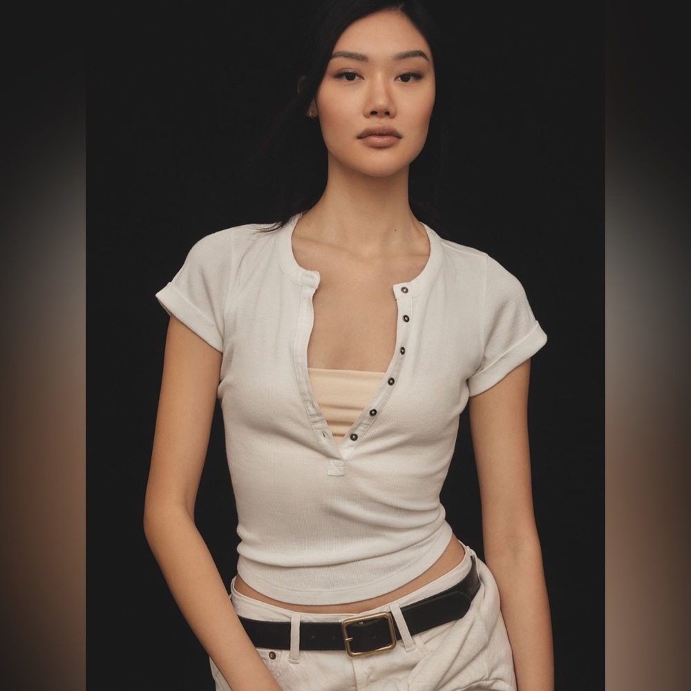 The Andie Ribbed Henley Top by Pilcro -
Anthropologie - White - Size M